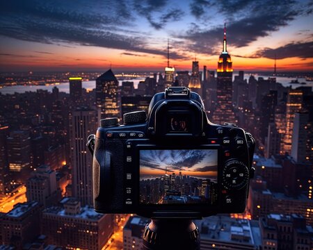 A camera on a tripod captures a stunning cityscape at dusk, with the city's lights illuminating the skyline. The scene exudes creativity, precision, and the beauty of urban photography.