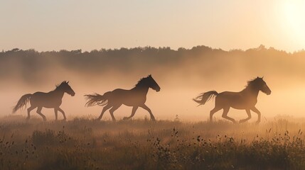 Three horses gallop freely in a field, enveloped by the soft mist of an early morning sunrise.