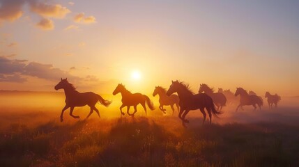 Fototapeta na wymiar A dynamic scene of a herd of horses galloping through a misty field with the warm glow of sunrise in the background.