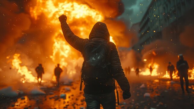 An intense and chaotic scene of civil unrest as a large group of rioters and protesters cause destruction and set fires in the city streets, creating a dangerous and volatile situation