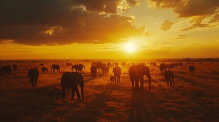 A herd of elephants roams across the savannah under a striking sunset, with the vibrant colors of the sky casting a warm glow over the landscape.