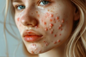 A young woman with pimples and blisters on her face. A skin health problem and an examination by a dermatologist. Close-up