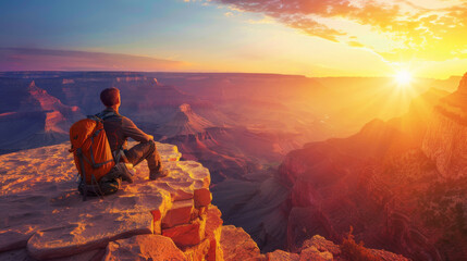 Obraz premium A traveler sits on the edge of a canyon, taking in the stunning view of the sunset that bathes the vast landscape in a warm light.