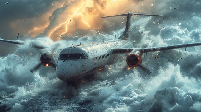 Experience the tragic sight as a commercial airplane nosedives into the stormy waters amidst a fierce storm, revealing the aftermath of an aviation tragedy.