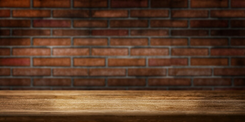 Empty Wooden Table and Brick Wall. Empty wooden table and brick wall background. Suitable for Product Presentation on top of the Self
