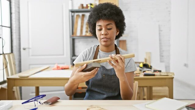 African american woman working with wood in a creative carpentry workshop.