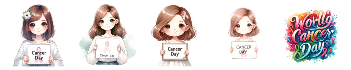 Watercolor World Cancer Day, various colored ribbons and woman holding a sign