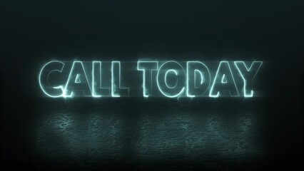 Horizontal video with beams of electricity running around the letters of the expression with the call to action "call today", with the text reflected on the floor.