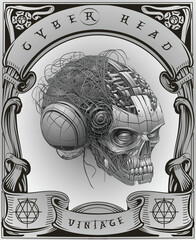iron artificial cyborg head in steam punk