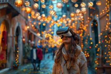 A woman wearing a virtual headset in a vibrant festival on a street.