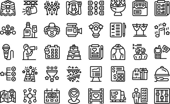 Event planning coordination icons set outline vector. Agency party. Service coordinator