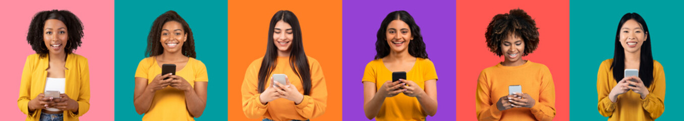 Diverse group of six young women smiling and holding smartphones