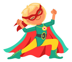 Happy action hero boy. Cartoon kid superhero