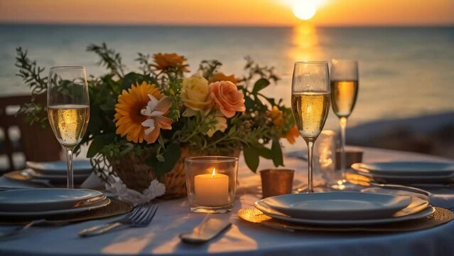 Table, glasses of champagne, beautiful flowers, sea restaurant