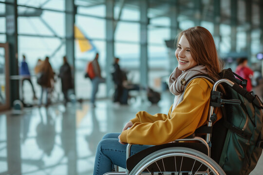 Disabled female traveler sitting in wheelchair waiting for a flight at the airport terminal