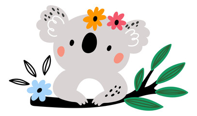 Cute koala with eucalyotus branch. Australian animal character