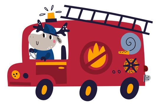 Animal firefighter truck. Cute hippo driving firetruck