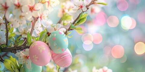 Poster and banner template with decorated eggs hanging on a tree. Festive egg hunt. Layout design for invitation, card, menu, flyer, banner, poster, voucher. - obrazy, fototapety, plakaty