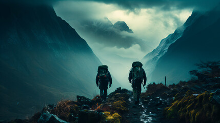 rear view of two men climbing a mountain in a rainy day  - obrazy, fototapety, plakaty
