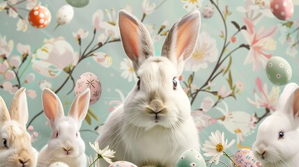 Obraz premium Easter holiday background wallpaper, bunny, colorful eggs pattern, colored egg, banner design, card poster