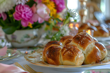 Obraz na płótnie Canvas Easter cross buns on the table served for Easter, spring flowers