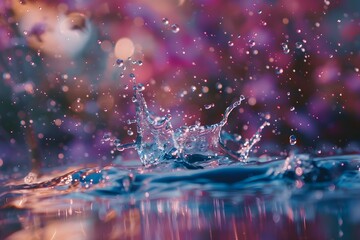 Abstract water droplets in motion creating a vibrant splash on surface. Concept Water Droplets, Motion Blur, Vibrant Splash, Abstract Photography, Surface Reflections