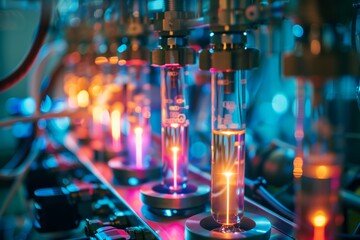 mysterious glowing beakers and vials in a laboratory - obrazy, fototapety, plakaty