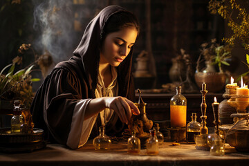 arabic woman making natural perfume, wood resin natural cosmetics, Generative AI - obrazy, fototapety, plakaty