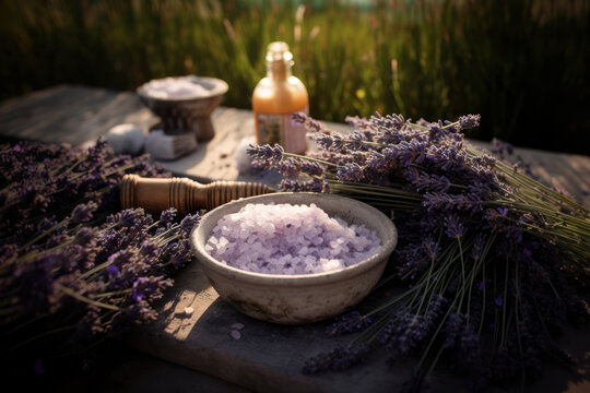 сollecting lavender flowers for essential oil, lavender harvesting, making scented salt,  Generative AI