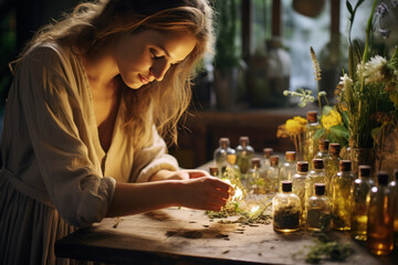 beautiful woman making natural perfume, wood resin natural cosmetics, Generative AI - obrazy, fototapety, plakaty