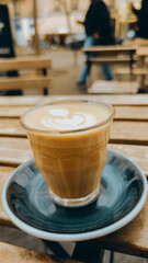 Close up of a light brown fresh mocha with beautiful latte art outdoors on a cafe in Paris