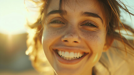 A close-up of a young woman's laughter lines, the genuine joy etched into the contours of her face, a testament to moments of happiness captured with a Sony digital HD camera. - Powered by Adobe
