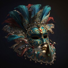 Carnival mask with piura with gold rich decorations on black background. Carnival outfits, masks and decorations.