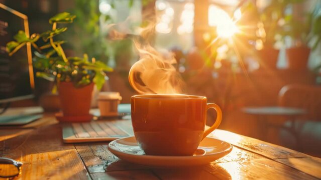 Cozy morning setting with a steaming cup of coffee on a wooden table bathed in warm sunlight with indoor plants in the background.
