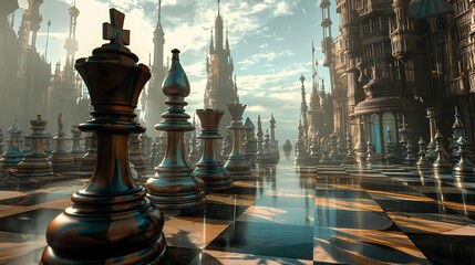 A chess city with towers on a chessboard - obrazy, fototapety, plakaty