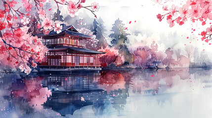 Japanese architecture in a village with cherry blossoms, watercolor drawing