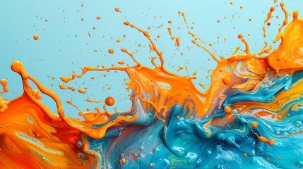 Harmony of contrasts: orange and blue splashes of paint frozen in the air on a light background