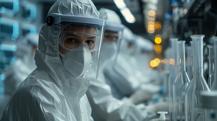 A laboratory scene with scientists wearing protective gear, operating sophisticated equipment for DNA sequencing and genetic analysis - obrazy, fototapety, plakaty