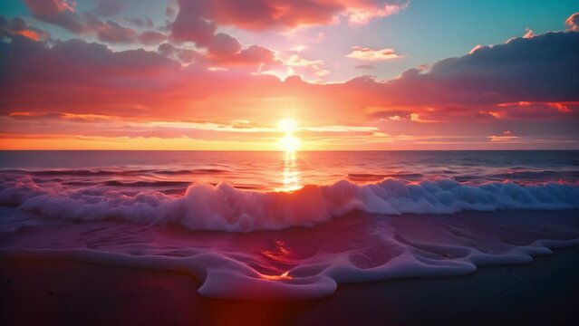 A breathtaking sunset over the ocean with vibrant colors in the sky and gentle waves washing onto the sandy beach.

