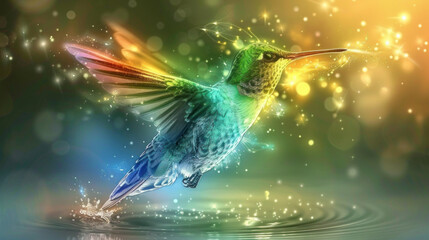 Obraz premium Magic glowing glittering multi-colored hummingbird splashing in water