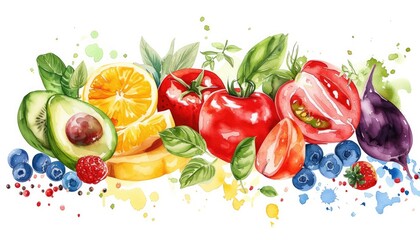 Watercolor collage of Health food for fitness concept on white background