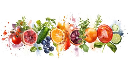 Watercolor collage of Health food for fitness concept on white background