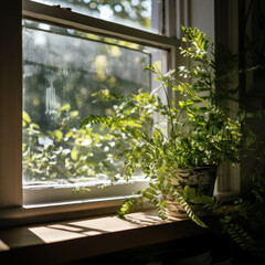 A potted plant sits on a windowsill, with sunlight streaming through the window at home.Relax happy day