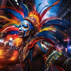 A man in a dynamic posture in a carnival costume with colorful paintings, decorations and feathers in his hair. Carnival outfits, masks and decorations.