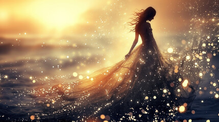 Fototapeta na wymiar Goddess of fairy in magical dress walks on water, magical sea scene