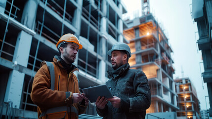 Two construction workers in hard hats are engaged in discussion over a tablet on an active building site.