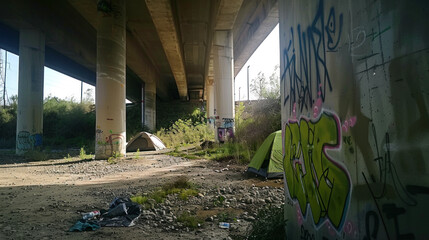 Camp of homeless people under the bridge - obrazy, fototapety, plakaty