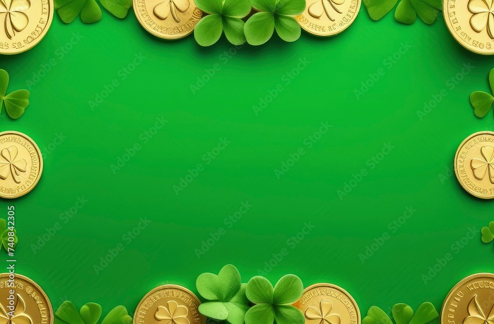 Wall mural st. patrick's day. frame of decorative clover leaves on green background