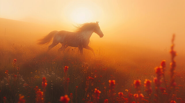 Beautiful horse running in summer meadow, pink sunrise light