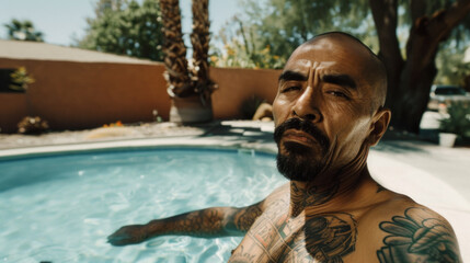 Head of drug cartel in the pool - obrazy, fototapety, plakaty